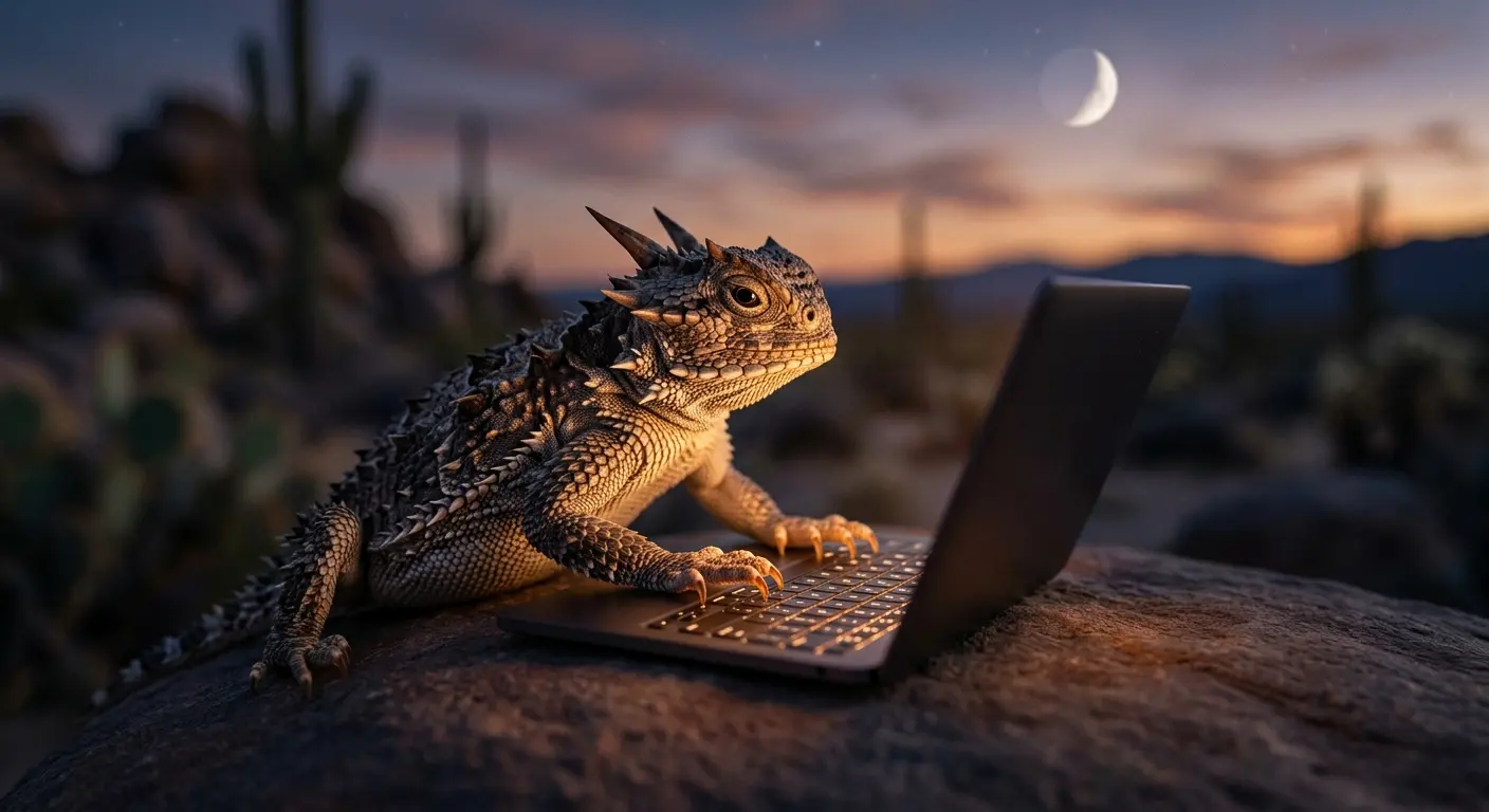 A horned lizard writing code in the desert at sunset
